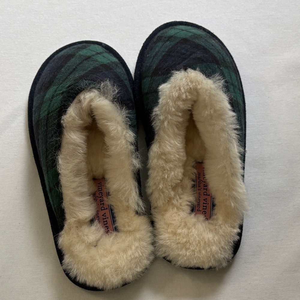 Vineyard Vines Green and Black Plaid Slippers